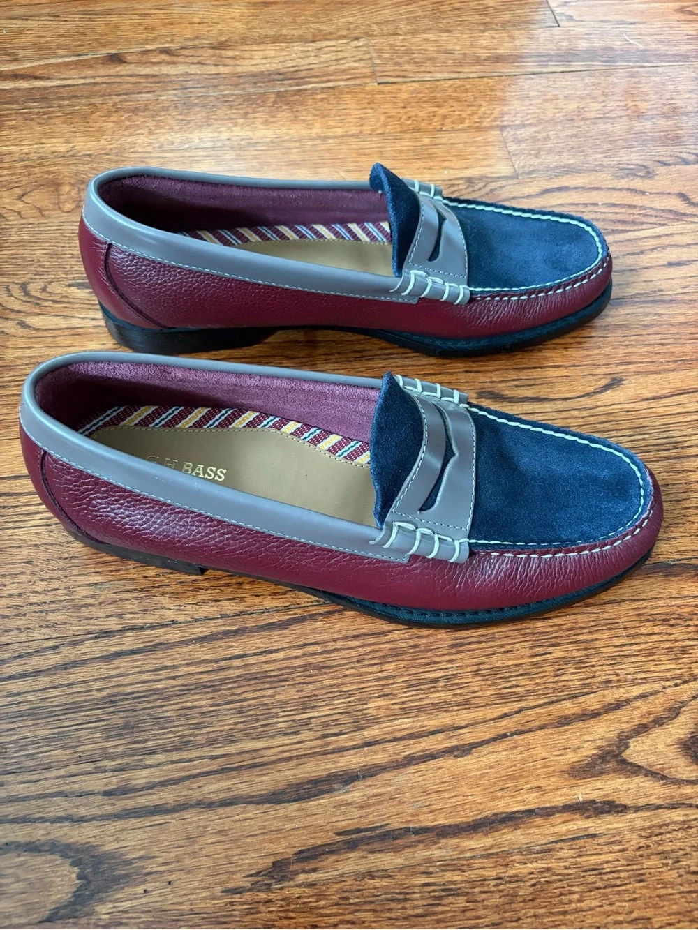 G.H Bass Weejuns Larson TriColor Penny Loafers Burgundy Navy Suede Men’s 10.5 D